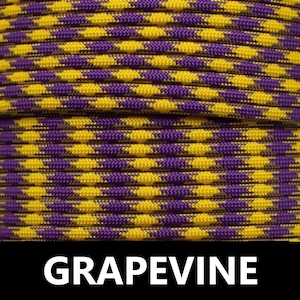 May include: Purple and yellow paracord with a repeating diamond pattern. The paracord is labelled "GRAPEVINE".