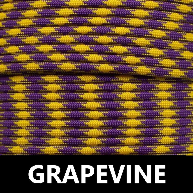 May include: Purple and yellow paracord with a repeating diamond pattern. The paracord is labelled "GRAPEVINE".