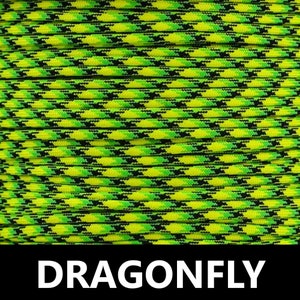 May include: Paracord with a black, green, and yellow diamond pattern. The paracord is labelled "Dragonfly".