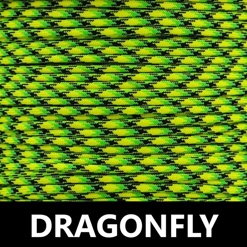 May include: Paracord with a black, green, and yellow diamond pattern. The paracord is labelled "Dragonfly".