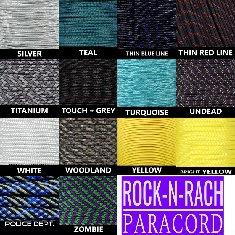 May include: A collage of 12 different colours of paracord, including silver, teal, thin blue line, thin red line, titanium, touch of grey, turquoise, undead, white, woodland, yellow, and bright yellow. The bottom of the collage features the text "ROCK-N-RACH PARACORD".