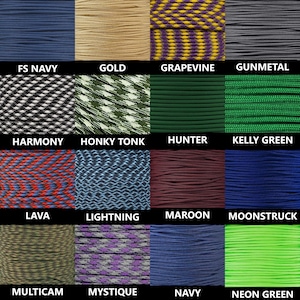 May include: A collection of 16 different colours of paracord, including FS Navy, Gold, Grapevine, Gunmetal, Harmony, Honky Tonk, Hunter, Kelly Green, Lava, Lightning, Maroon, Moonstruck, Multicam, Mystique, Navy, and Neon Green.