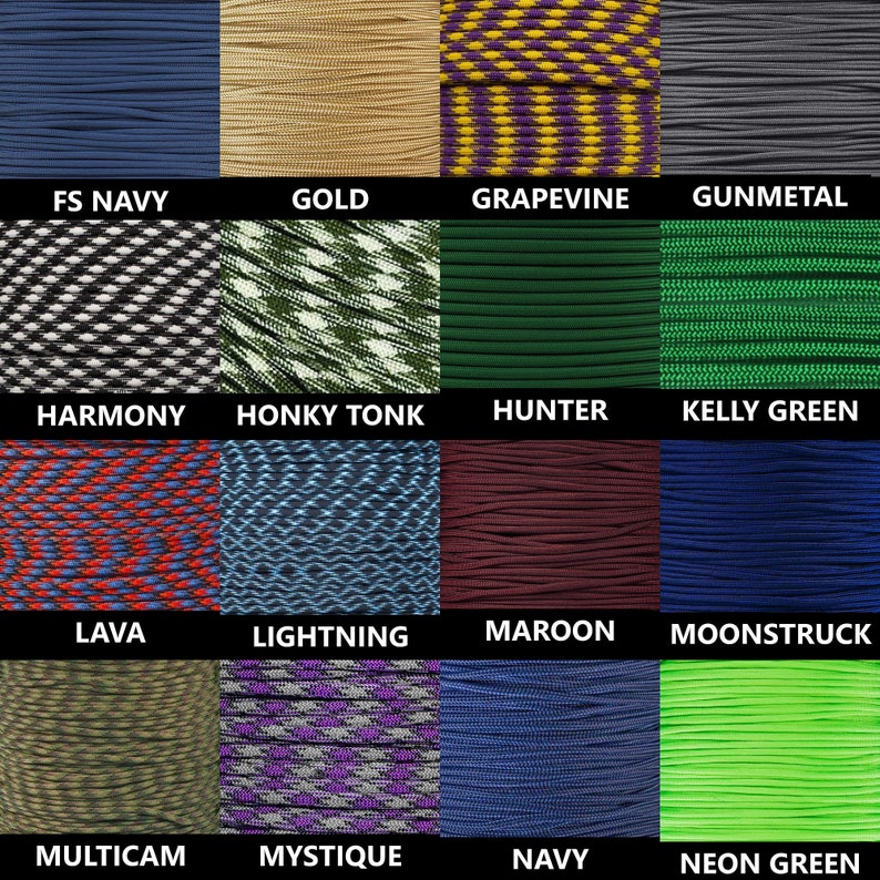 May include: A collection of 16 different colours of paracord, including FS Navy, Gold, Grapevine, Gunmetal, Harmony, Honky Tonk, Hunter, Kelly Green, Lava, Lightning, Maroon, Moonstruck, Multicam, Mystique, Navy, and Neon Green.