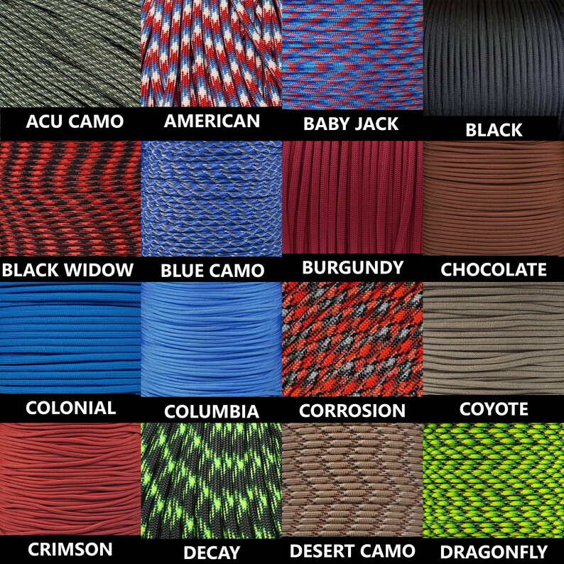 May include: A collage of 16 different paracord colours and patterns, including ACU Camo, American, Baby Jack, Black, Black Widow, Blue Camo, Burgundy, Chocolate, Colonial, Columbia, Corrosion, Coyote, Crimson, Decay, Desert Camo, and Dragonfly.
