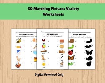 Printable Matching Worksheets, Shadow Match, Letter Match, Number Match, Match the Picture, Homeschool Printable, Kindergarten Activity