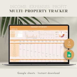 May include: A laptop displays a spreadsheet titled "Property Overview" with charts and data tables. The screen shows "Income Expenses Profit Multi-Property Tracker." Additional text includes "Google sheets Instant download" and "7 tabs."
