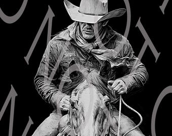 Puede incluir: Impresión digital en blanco y negro de un vaquero a caballo. El vaquero lleva sombrero y chaqueta, sujetando las riendas. La imagen incluye el texto "PATRIOT RUG CREATIONS DIGITAL DESIGNS" en la parte inferior.