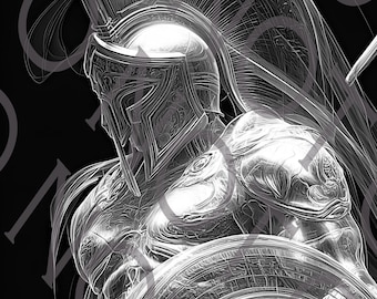 Könnte beinhalten: Schwarz-weiße digitale Kunst eines Kriegers in detaillierter Rüstung, der einen Schild und ein Schwert hält. Der Krieger trägt einen Helm mit hohem Kamm. Das Bild hat ein strukturiertes, fast skizzenhaftes Aussehen. Das Logo von Patriot Rug Creations ist sichtbar.