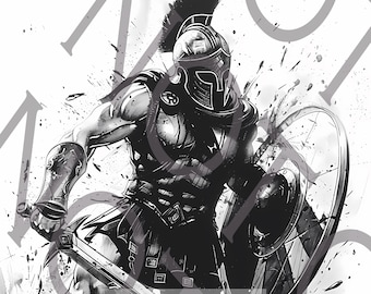 Könnte beinhalten: Schwarz-Weiß-Digitalillustration eines spartanischen Kriegers in Aktion. Der Krieger trägt eine Rüstung, hält ein Schwert und einen Schild und hat einen Helm mit Kamm auf. Der Text "PATRIOT RVG CREATIONS DIGITAL DESIGNS" ist enthalten.