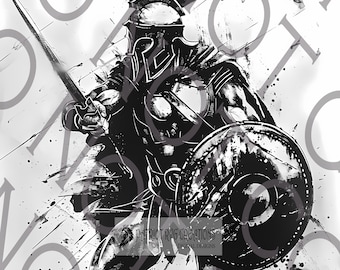 Könnte beinhalten: Schwarz-Weiß-Digitalillustration eines spartanischen Kriegers in voller Rüstung, der einen Speer und einen Schild hält. Das Bild hat eine dynamische, handlungsorientierte Pose mit Farbspritzereffekten. Der Text "PATRIOT RVG CREATIONS DIGITAL DESIGNS" ist sichtbar.
