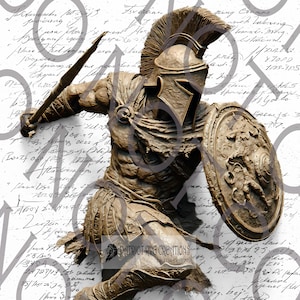 Könnte beinhalten: Eine bronzefarbene Skulptur eines spartanischen Kriegers in voller Rüstung, der einen Speer und einen Schild hält. Der Krieger ist in einer dynamischen Pose dargestellt, mit Helm und detaillierter Rüstung. Der Hintergrund zeigt verblasste Schrift.