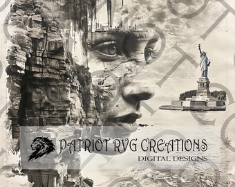 Pode incluir: Uma impressão de arte digital em preto e branco que apresenta o rosto de uma mulher com um penhasco rochoso e a Estátua da Liberdade ao fundo. O texto "PATRIOT RVGCREATIONS DIGITAL DESIGNS" está na parte inferior da imagem.