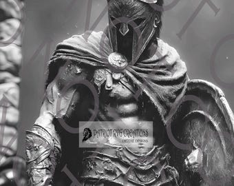 Könnte beinhalten: Schwarz-Weiß-Digital-Art eines spartanischen Kriegers in voller Rüstung, der ein Schwert und einen Schild hält. Der Krieger trägt einen Helm mit hohem Kamm und einen Umhang. Das Bild enthält den Text "Patriot RVG Creations Digital Designs".