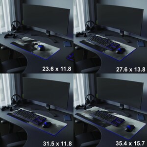 Puede incluir: Una configuraci&oacute;n de juego con un monitor grande, teclado, rat&oacute;n y alfombrilla de rat&oacute;n. La alfombrilla tiene un dise&ntilde;o de paisaje con un borde azul. Las dimensiones de la alfombrilla son 60 x 30 cm, 70 x 35 cm, 80 x 30 cm y 90 x 40 cm.