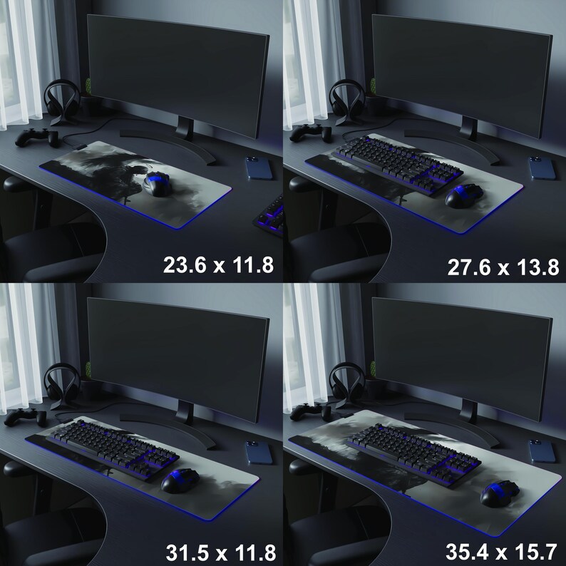 Puede incluir: Una configuraci&oacute;n de juego con un monitor grande, teclado, rat&oacute;n y alfombrilla de rat&oacute;n. La alfombrilla tiene un dise&ntilde;o de paisaje con un borde azul. Las dimensiones de la alfombrilla son 60 x 30 cm, 70 x 35 cm, 80 x 30 cm y 90 x 40 cm.