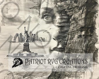 Pode incluir: Uma impressão de arte digital em preto e branco que apresenta o rosto de uma mulher com uma textura de penhasco rochoso, sobreposta a uma vista da Estátua da Liberdade e do horizonte da cidade de Nova York. O texto "PATRIOT RVGCREATIONS DIGITAL DESIGNS" está na parte inferior da imagem.