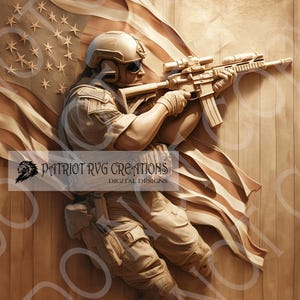 May include: A wooden carving of a soldier holding a rifle, standing in front of an American flag. The carving is in a realistic style and shows the soldier in a dynamic pose. The text "PATRIOT RVGCREATIONS DIGITAL DESIGNS" is visible at the bottom of the image.