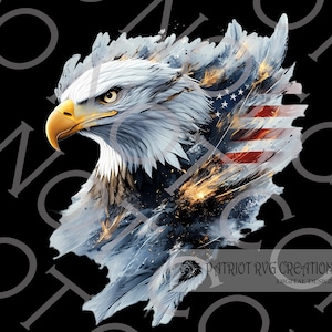 Puede incluir: Una ilustración digital de un águila calva con una bandera estadounidense en el fondo. El águila está representada en un estilo estilizado y abstracto con salpicaduras de color y textura. La bandera está parcialmente oscurecida por las plumas del águila, creando una sensación de movimiento y energía.