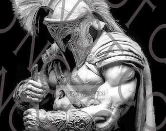 Könnte beinhalten: Schwarz-Weiß-Digital-Art eines Kriegers in aufwendiger Rüstung, der ein Schwert hält. Der Krieger trägt einen detaillierten Helm mit Federkamm. Das Bild hat eine dramatische, heroische Ausstrahlung mit starken Schatten und Lichtern.
