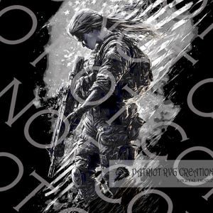 Puede incluir: Una ilustración digital en blanco y negro de una persona con uniforme militar sosteniendo un rifle. La persona está de pie frente a un fondo borroso de una bandera estadounidense.