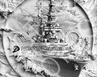 Op de afbeelding: Een zwart-wit 3D reliëfsnijwerk van een slagschip dat door ruwe zeeën vaart. Het snijwerk is rond en bevat de tekst "PATRIOT RVGC CREATIONS DIGITAL DESIGNS".