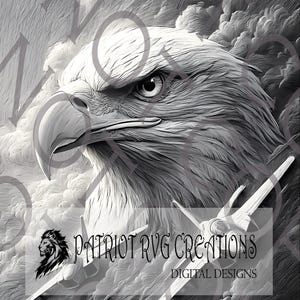 Puede incluir: Ilustración digital en blanco y negro de una cabeza de águila calva con mirada intensa. La imagen incluye un avión de combate y el texto "Patriot RVG Creations Digital Designs". El fondo presenta un cielo nublado.