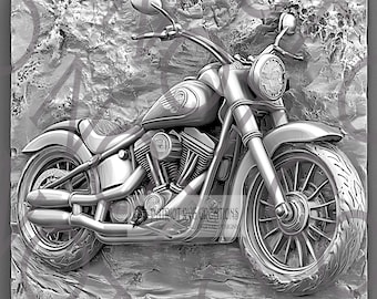 May include: A grayscale relief sculpture of a motorcycle. The motorcycle features a detailed engine, fuel tank, and large tires. The text "PATRIOT RVG CREATIONS DIGITAL DESIGNS" is visible on the sculpture.