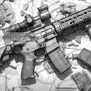 Op de afbeelding: Een zwart-witte illustratie van een gedemonteerd AR-15-geweer met een richtkijker, magazijnen en andere onderdelen die eromheen verspreid liggen. De tekst "PATRIOT RVGCREATIONS DIGITAL DESIGNS" is zichtbaar in de afbeelding.