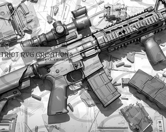 May include: A black and white illustration of a disassembled AR-15 rifle with a scope, magazines, and other parts scattered around it. The text "PATRIOT RVGCREATIONS DIGITAL DESIGNS" is visible in the image.