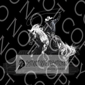 Escena de vaquero lazando a caballo — Retrato rústico de rodeo del oeste — Arte láser de alto contraste — Archivo de grabado láser