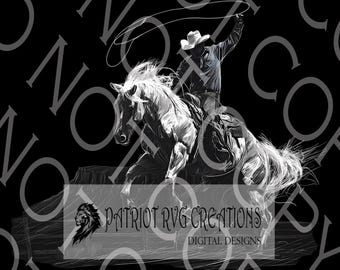 Puede incluir: Ilustración digital en blanco y negro de un vaquero a caballo lazando. El vaquero, con sombrero, está en plena acción, con la cuerda en el aire. El caballo se encabrita. El texto "PATRIOT RVG CREATIONS DIGITAL DESIGNS" está presente.