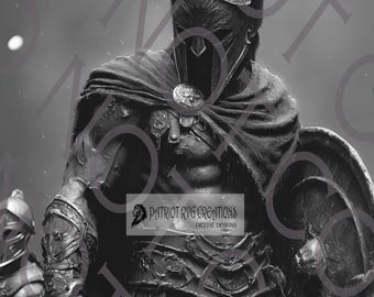 Könnte beinhalten: Schwarz-Weiß-Digital-Art eines spartanischen Kriegers in voller Rüstung, der ein Schwert und einen Schild hält. Der Krieger trägt einen Helm mit hoher Feder. Der Text "PATRIOT RVG CREATIONS DIGITAL DESIGNS" ist enthalten.