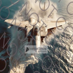 Puede incluir: Impresión de arte digital de un avión militar rozando la superficie del océano, creando un gran chapoteo. El avión es de color gris claro con detalles visibles. La imagen incluye el texto "Patriot RVG Creations Digital Designs".
