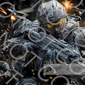 Pode incluir: Um soldado futurista com armadura preta, capacete e viseira, segurando uma arma, com um fundo de faíscas e explosões.