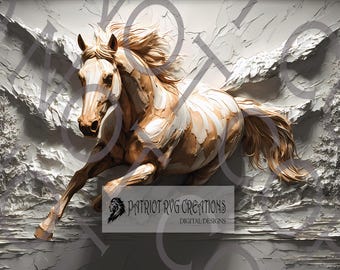 May include: A digital art print depicting a running horse with a light brown and white coat, set against a textured, monochromatic landscape of mountains and trees. The image includes the text "PATRIOT RUG CREATIONS DIGITAL DESIGNS".