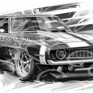 May include: Black and white illustration of a classic 1969 Chevrolet Camaro with a white stripe down the hood and the word "Camaro" on the front grille.