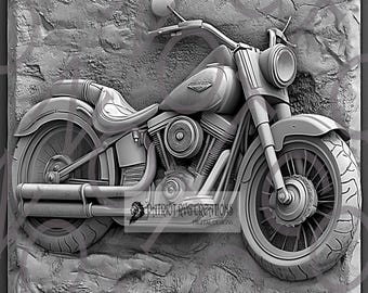 May include: A grayscale relief sculpture of a motorcycle, featuring a detailed depiction of the engine, wheels, and handlebars. The motorcycle is set against a textured, rocky background, with the "Patriot Rvg Creations" logo visible.