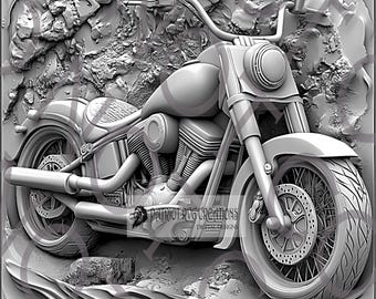 May include: A grayscale relief sculpture of a motorcycle. The motorcycle features a detailed engine, exhaust pipes, and spoked wheels. The text "PATRIOT RVG CREATIONS DIGITAL DESIGNS" is visible on the lower portion of the image.