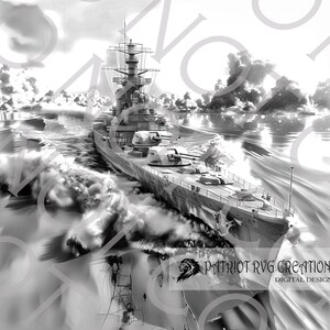 May include: Black and white digital illustration of a battleship sailing on the ocean. The ship is detailed with multiple turrets and a tall mast. The water is choppy, with waves and reflections. The image includes the text "PATRIOT RVG CREATION DIGITAL DESIGN".