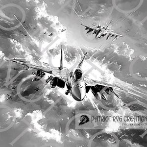 Puede incluir: Una ilustración en blanco y negro de dos aviones de combate volando a través de un cielo nublado. Los aviones están en formación, uno delante del otro. El cielo está lleno de nubes y hay explosiones en el fondo. El texto "PATRIOT RVGCREATIONS DIGITAL DESIGN" es visible en la esquina inferior derecha de la imagen.