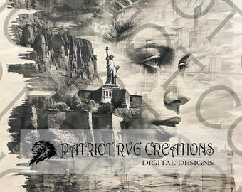 Pode incluir: Uma impressão de arte digital em preto e branco que apresenta o rosto de uma mulher com a Estátua da Liberdade e o horizonte da cidade de Nova York ao fundo. O texto "PATRIOT RVGCREATIONS DIGITAL DESIGNS" está na parte inferior da imagem.