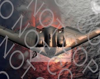 May include: A digital art image of a stealth bomber aircraft flying over a body of water at sunset. The aircraft is gray with a distinctive wing shape. The water reflects the fiery colors of the sunset. The text "PATRIOT RUG CREATIONS DIGITAL DESIGNS" is visible.