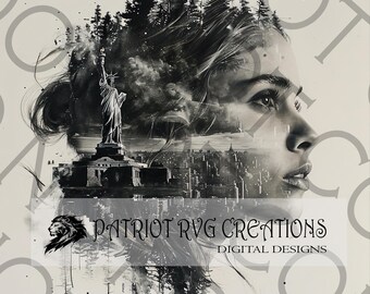 May include: A black and white digital art print of a woman's face with a cityscape and the Statue of Liberty superimposed over her head. The text "PATRIOT RVGCREATIONS DIGITAL DESIGNS" is at the bottom of the image.