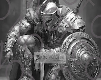 Könnte beinhalten: Graustufen-Digitalillustration eines Kriegers in antiker Rüstung, der mit Schild und Schwert kniet. Der Krieger trägt einen Helm, Schulterpanzer und Beinschienen. Der Schild hat ein detailliertes Muster. Der Text "PATRIOT RVG CREATIONS DIGITAL DESIGNS" ist enthalten.