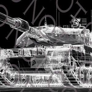 May include: A detailed, transparent, wireframe illustration of a military tank, showcasing its internal components. The image is rendered in white against a black background, highlighting the tank's structure and design. The text "DO NOT COPY" is visible in the background.