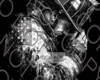 May include: Black and white illustration of a firefighter in a helmet, with an American flag design incorporated into the image. The image has a distressed, artistic style, with the text "PATRIOT RVG CREATIONS DIGITAL DESIGNS".