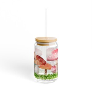 Iced Coffee Glass Tumbler, Iced Coffee Glass Cup, Mushroom Glass, Mushroom Sipper Glass, 16oz, Includes lid and straw!