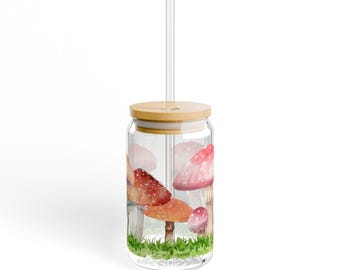 Iced Coffee Glass Tumbler, Iced Coffee Glass Cup, Mushroom Glass, Mushroom Sipper Glass, 16oz, Includes lid and straw!