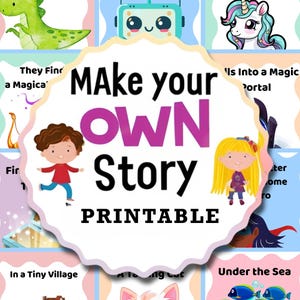 May include: A printable set of nine colourful cards featuring illustrations of a dinosaur, robot, unicorn, a girl walking, a cat, fish, and more. The cards are designed to help children create their own stories. The text on the cards reads "Make your own story printable".