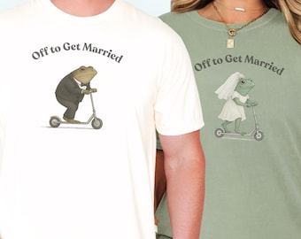 Funny Bride & Groom Shirts, Off to Get Married Frog and Toad Scooter Tee, Whimsical Wedding T-Shirt, Weird Bachelor Bachelorette Shirt